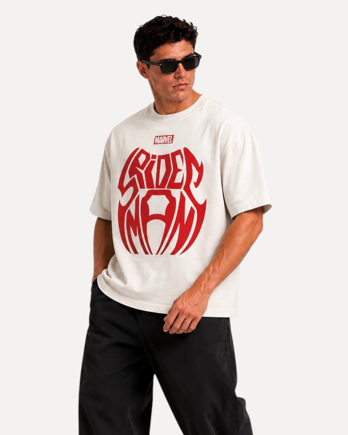My Store ATHLEX off-white oversized cotton t-shirt with a bold red Spider-Man graphic worn by a male model