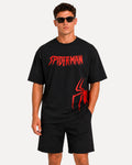 My Store ATHLEX Spider-Man black cotton t-shirt with red graphic logo on chest and side, worn by a male model.