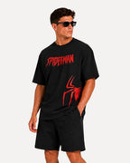 My Store ATHLEX Spider-Man black t-shirt with red graphic print on chest and side, worn by a man with sunglasses