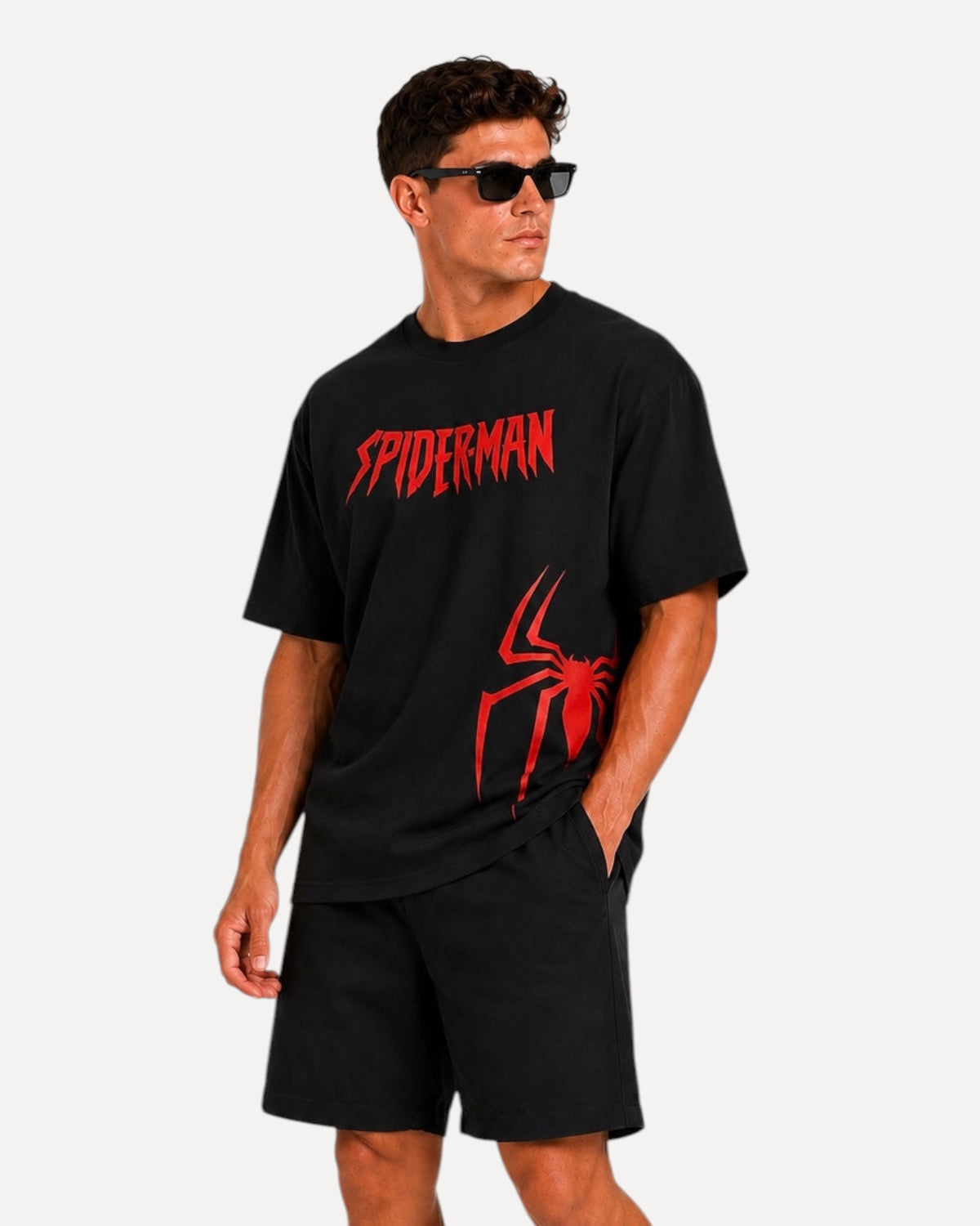 My Store ATHLEX Spider-Man black t-shirt with red graphic print on chest and side, worn by a man with sunglasses