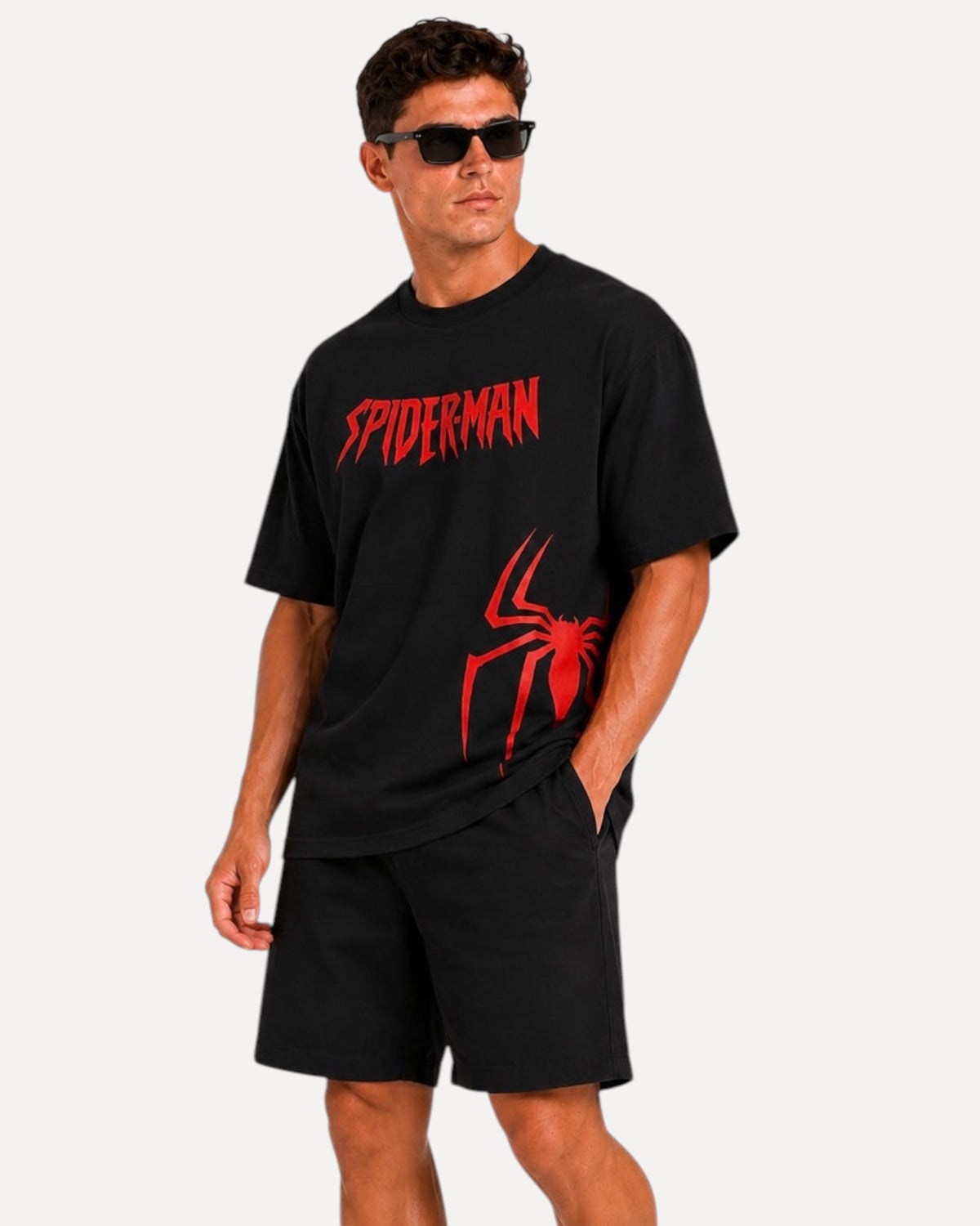 My Store ATHLEX Spider-Man black cotton t-shirt with red graphic logo and spider print worn by a man in sunglasses