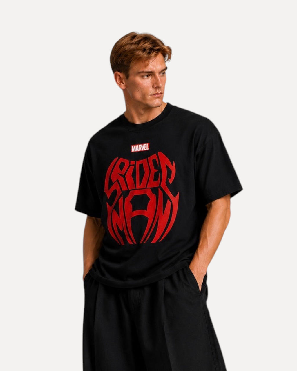 My Store ATHLEX Spider-Man graphic tee in black with red logo print worn by a man in a relaxed fit cotton style