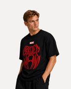 My Store ATHLEX black cotton t-shirt with a bold red Spider-Man graphic worn by a male model