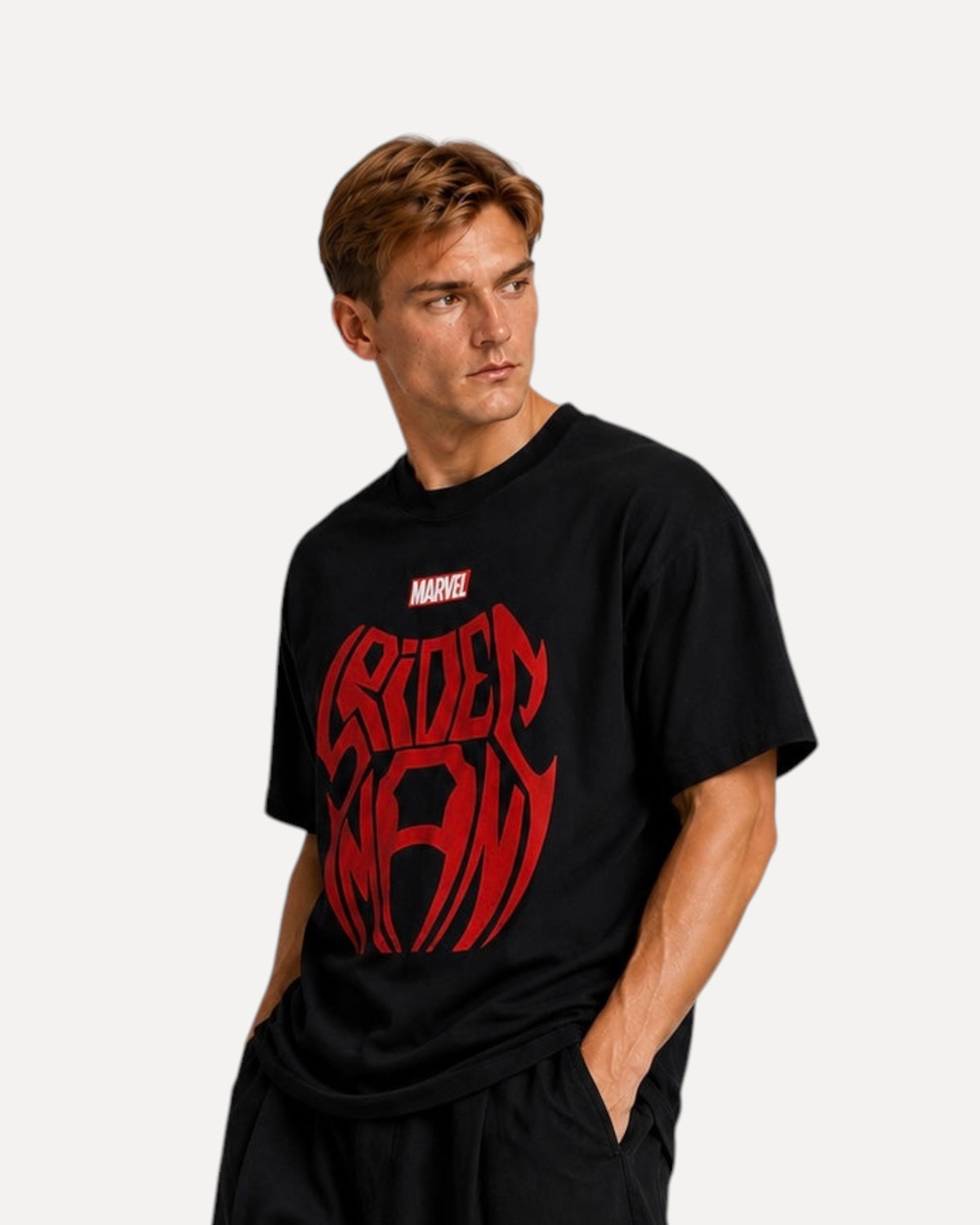 My Store ATHLEX black cotton t-shirt with a bold red Spider-Man graphic worn by a male model