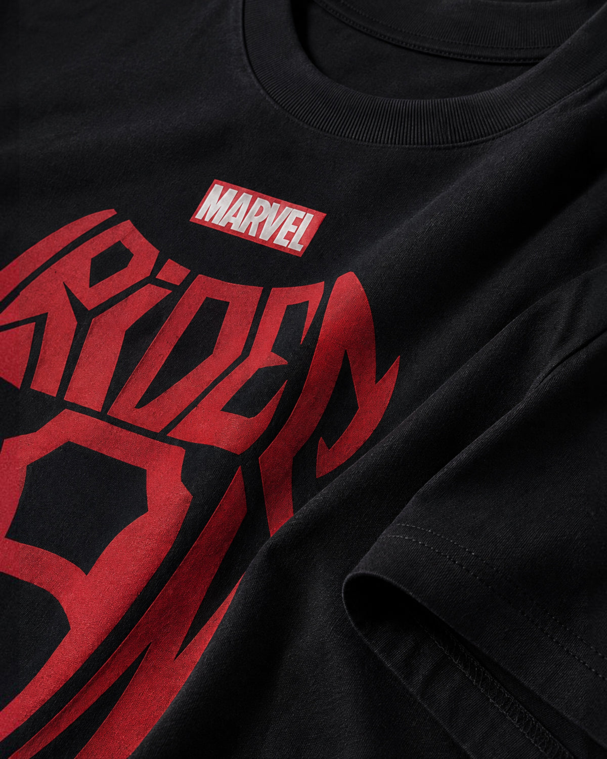 My Store ATHLEX black cotton t-shirt with a bold red Spider-Man graphic and Marvel logo detail