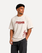 My Store ATHLEX Spider-Man oversized off-white cotton tee with red chest and side graphics worn by a male model