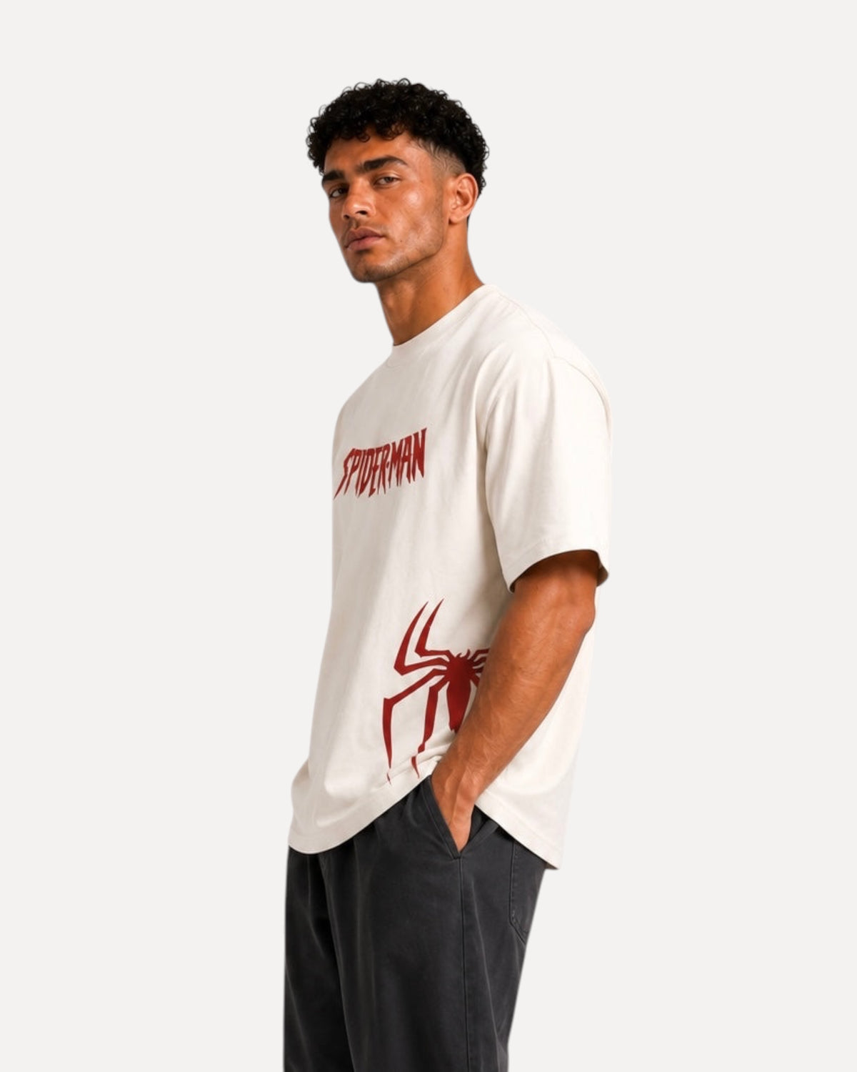 My Store ATHLEX off-white oversized cotton t-shirt with red Spider-Man chest and side graphics worn by a male model