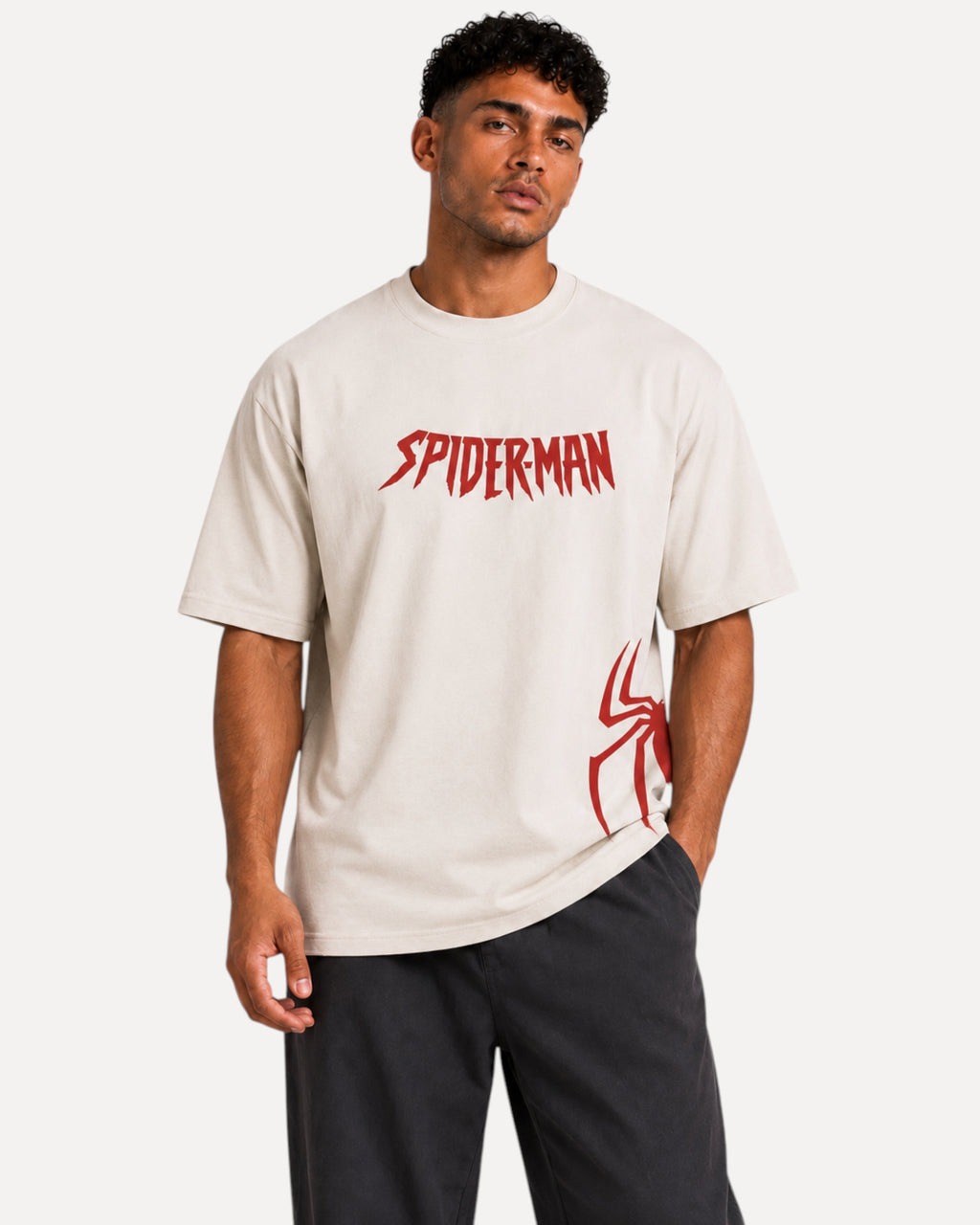 My Store ATHLEX Spider-Man oversized off-white cotton tee with red chest and side graphic worn by a male model