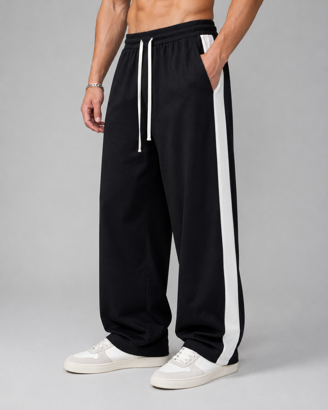ATHLEX Velocity Stripe Wide-Leg Track Pants – Black & White