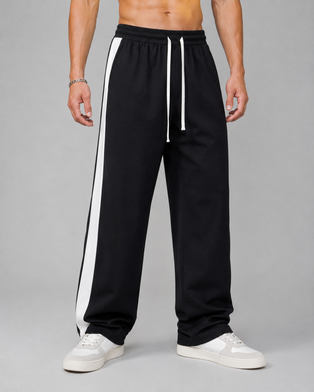 ATHLEX Velocity Stripe Wide-Leg Track Pants – Black & White