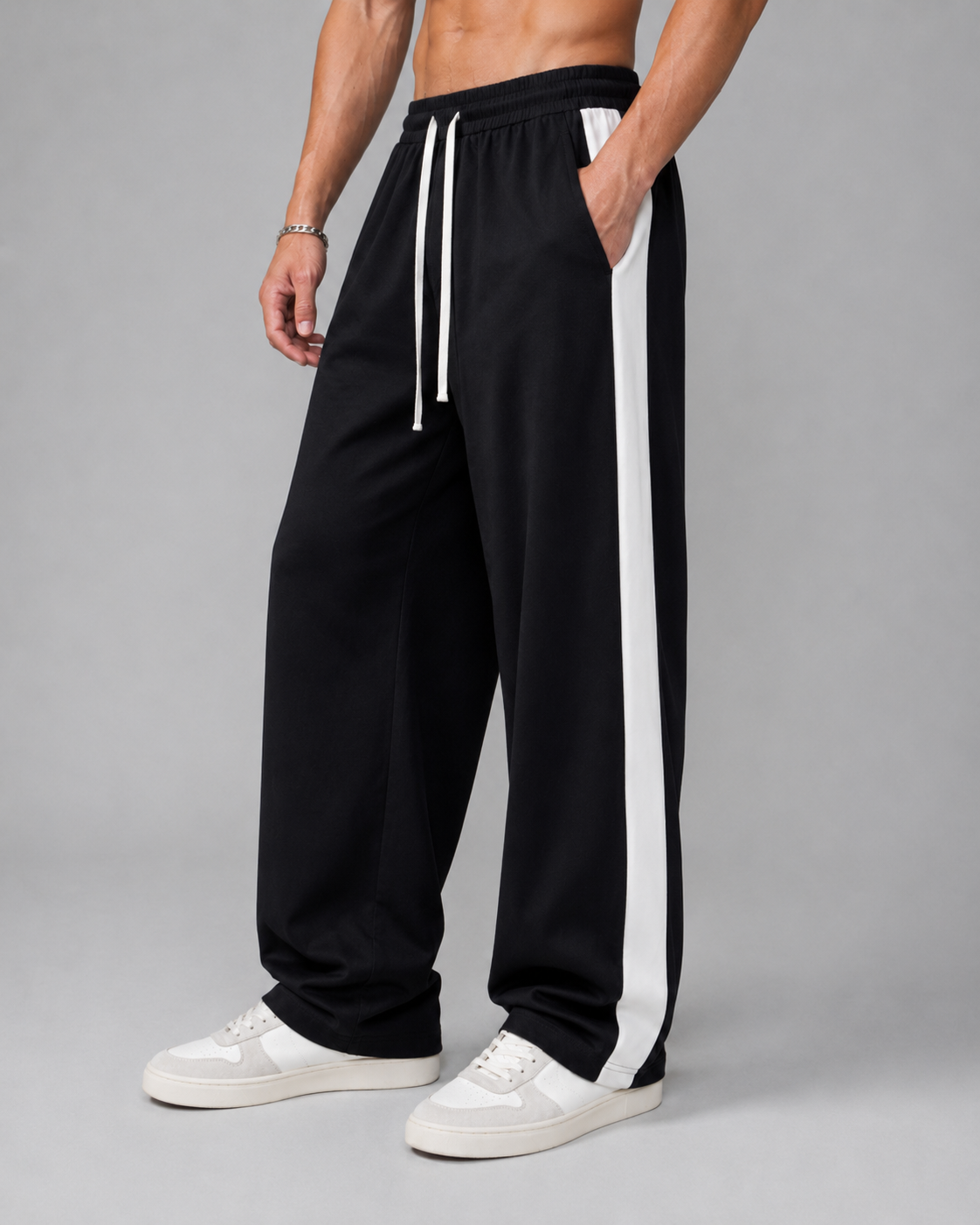 ATHLEX Velocity Stripe Wide-Leg Track Pants – Black & White
