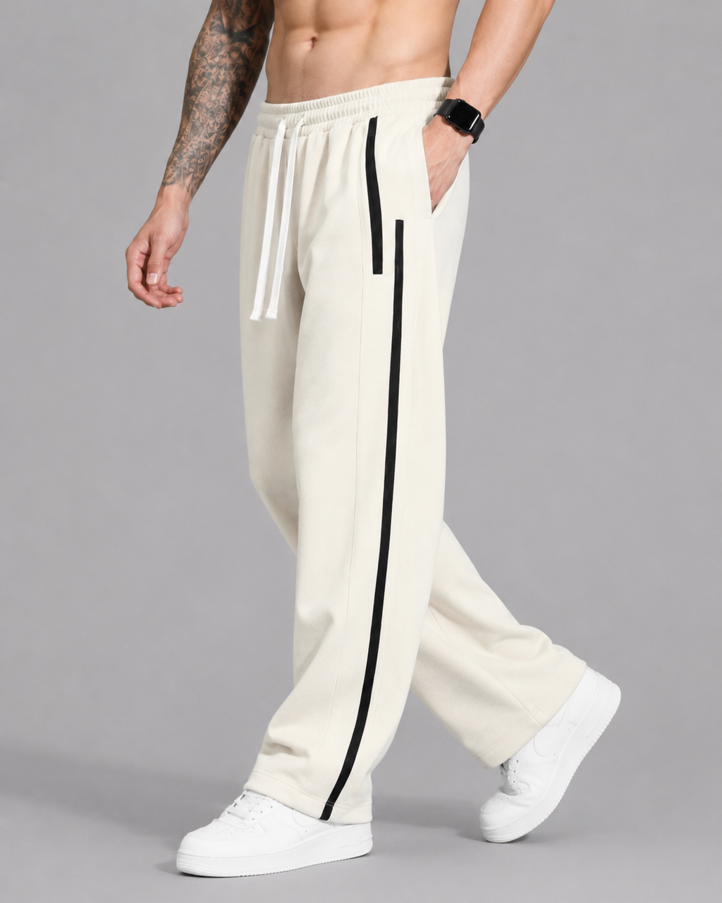 ATHLEX MonoStripe Wide-Leg Track Pants – Ivory & Black