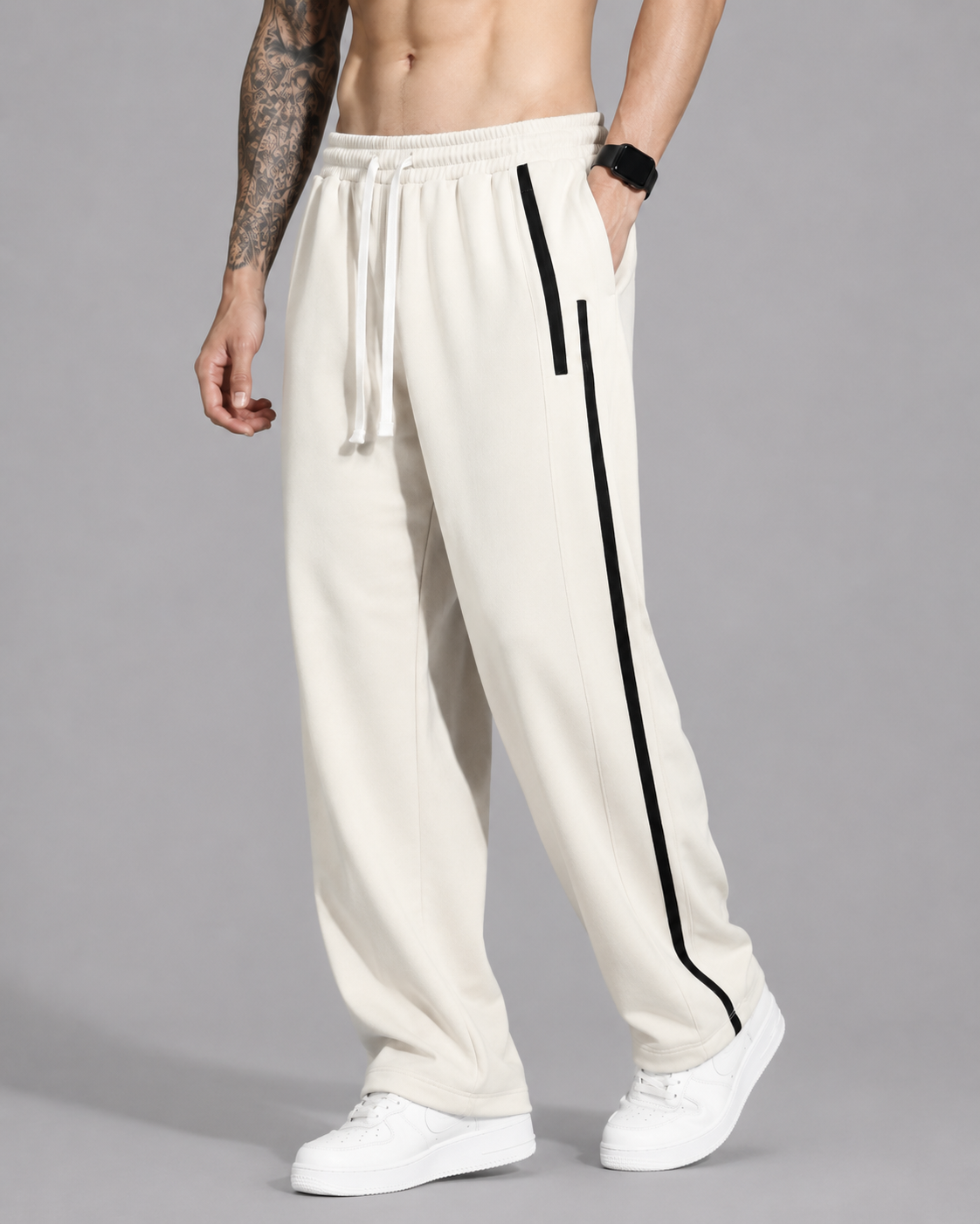 ATHLEX MonoStripe Wide-Leg Track Pants – Ivory & Black