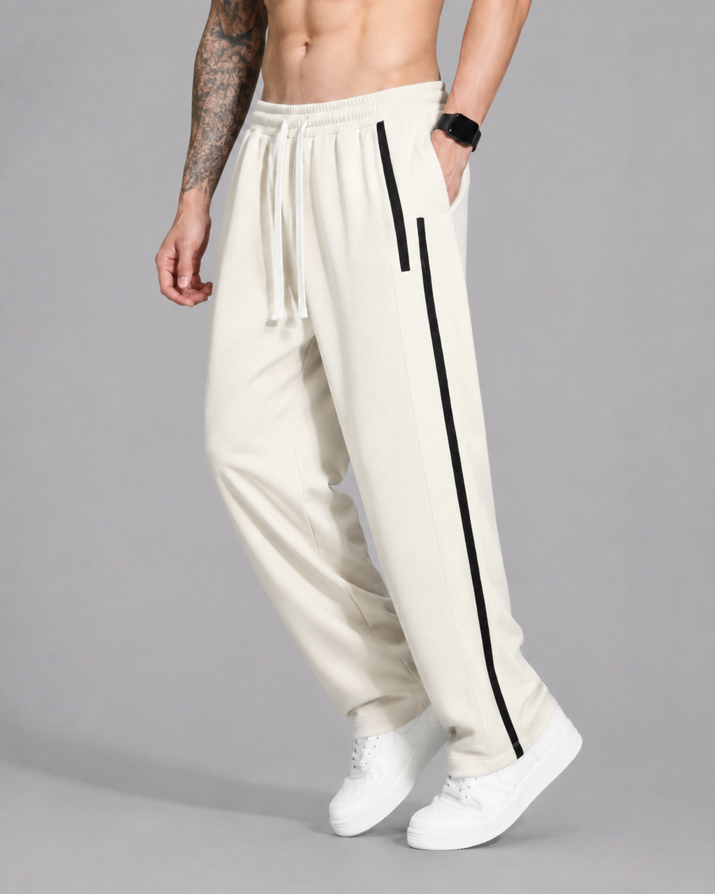 ATHLEX MonoStripe Wide-Leg Track Pants – Ivory & Black